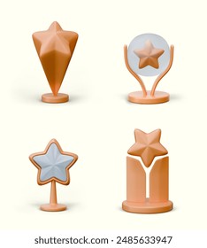 Collection of 3D awards of various types. Metal and crystal figurines for winners