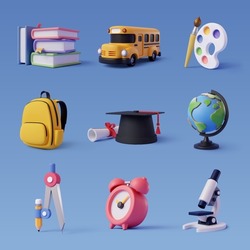 Collection Of 3d Back To School Icon Isolated On Blue, Education And Online Class Concept. Eps 10 Vector.