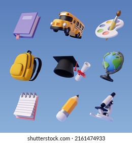 Collection of 3d back to school icon isolated on blue, Education and online class concept. Eps 10 Vector.