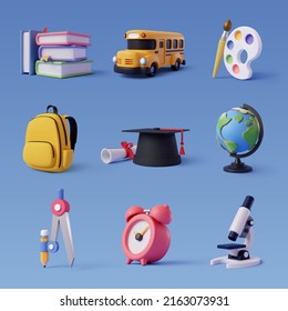 Collection of 3d back to school icon isolated on blue, Education and online class concept. Eps 10 Vector.