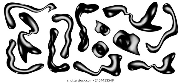 Collection 3D black Distorted Liquid Y2K element isolated white background. Set Swirl Twirl Weird Organic Geometric Shapes. Y2K Vector aesthetic. EPS 10