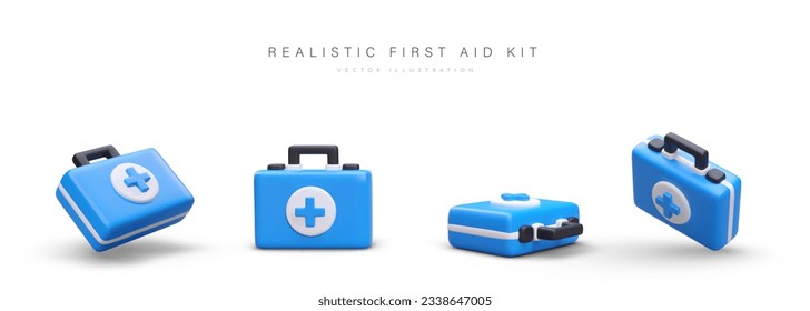 Collection of 3D blue first aid kits with cross. Medicines in special small suitcase with locks. Object in different positions. Symbol of medical care