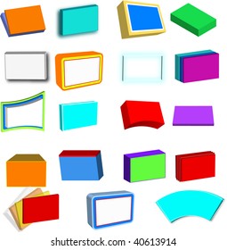 Collection of 3D boxes, screens, boards and files, in various colors, vector