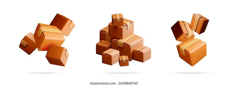Collection of 3d brown carton box with beige tape. Delivery package for shipping and goods transportation. Online shopping.