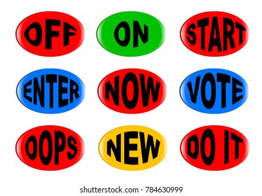 A collection of 3D buttons with various text instructions isolated on a white background