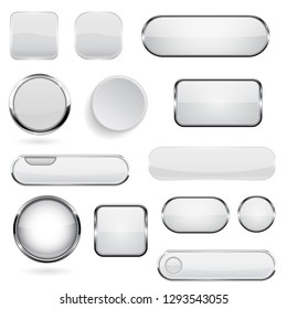 Collection of 3d buttons. White glass and plastic buttons. Vector illustration isolated on white background