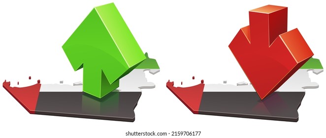 Collection of 3D cards of the map of the United Arab Emirates in the colors of the Federation's flag on which is placed an ascending green arrow and a red descending boating (cut out)