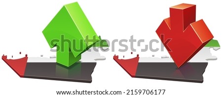 Collection of 3D cards of the map of the United Arab Emirates in the colors of the Federation's flag on which is placed an ascending green arrow and a red descending boating (cut out)