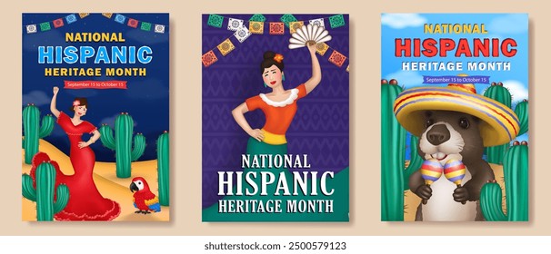 Collection of 3d cartoon Hispanic Heritage month greeting cards with women dancing with capybara in sombrero with maracas and Macaw Parrot among cacti and papel picado streamers. Latin America culture