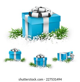 Collection of 3d christmas gift blue boxes with satin silver bows. Realistic vector illustration.