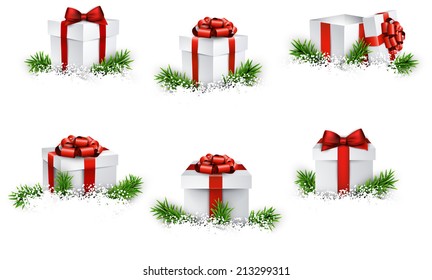 Kollektion von 3D-Weihnachtsgeschenkbox mit satinierten roten Schleifen. Realistische Vektorgrafik.