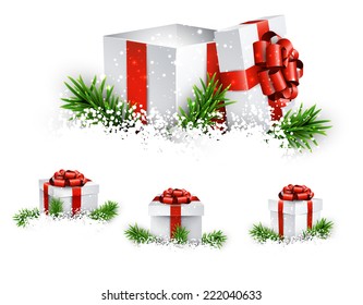Collection of 3d christmas gift boxes with satin red bows. Realistic vector illustration. 