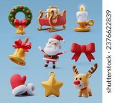 Collection of 3d Christmas icons, Merry Christmas and Happy new year concept. Eps 10 Vector.