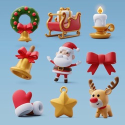 Collection Of 3d Christmas Icons, Merry Christmas And Happy New Year Concept. Eps 10 Vector.