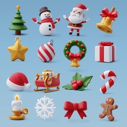 Collection Of 3d Christmas Icons, Merry Christmas And Happy New Year Concept. Eps 10 Vector.