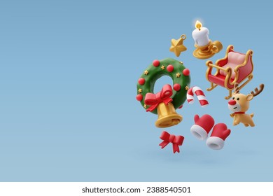 Collection of 3d Christmas icons, Merry Christmas and Happy new year concept. Eps 10 Vector.