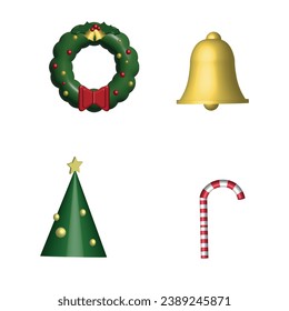 collection of 3d christmas icons, christmas tree, candy cane, christmas tree and garland. Illustration with isolated background