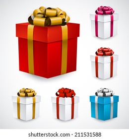 Collection of 3d closed gift boxes with satin bows. Realistic vector illustration. 
