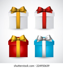 Colección de cajas de regalo cerradas en 3d con arcos de satén. Ilustración vectorial realista. 