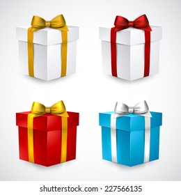 Collection of 3d closed gift boxes with satin bows. Realistic vector illustration. 