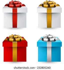 Collection of 3d closed gift boxes with satin bows. Realistic vector illustration. 