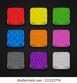 Collection of 3d colored paper textured buttons for app icons, isolated on dark background. Image contains transparency. 10 EPS