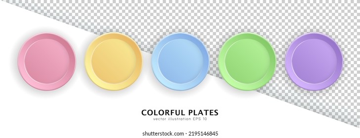 Collection of 3d colorful round empty plates isolated on white and transparent background. Realistic 3d mock up, template of porcelain, ceramic or plastic clean table dish. Realistic crockery, utensil