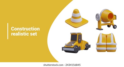 Collection of 3D construction items. Detailed road roller, signal cone, vest, concrete mixer