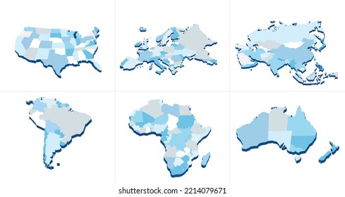 Collection of 3d continents isolated on white background