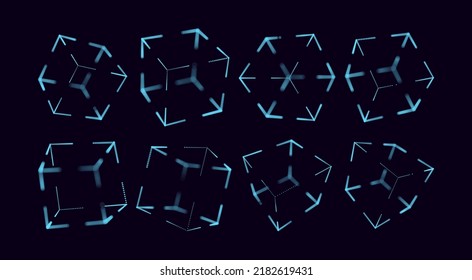 Collection of 3D Cubes. Futuristic Hologram HUD Polygonal Box Shapes. Vector Illustration. Graphic Shapes for Retrowave Vaporwave Synthwave Style Graphic Design.