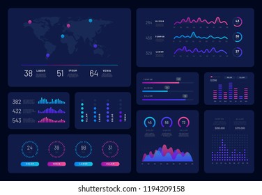 Collection of 3D dark infographic design template, can be used for workflow layout, diagram, annual report, web design, presentation. Set of business infographic workflow charts and diagrams