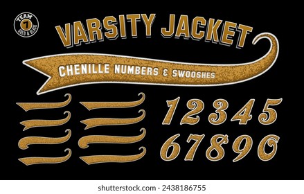 Una colección de números de efecto 3D y swooshes con un parche de bordado dorado estilo chaqueta de letras varsity.