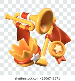 Collection of 3D elements for victory concepts. Golden crown, medal, trumpet, flag on flagpole