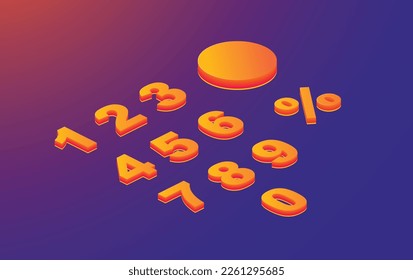 Collection of 3d extruded 1 2 3 4 5 6 7 8 numbers in an isometric angle with yellow and orange gradient also a percentage sign with a disk type platform. best use in promotions or anniversary.