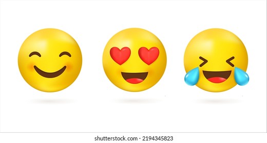 Collection of 3D face emoticons with smiling eyes and a wide smile, laughing to tears and with love in the eyes. Vector illustration