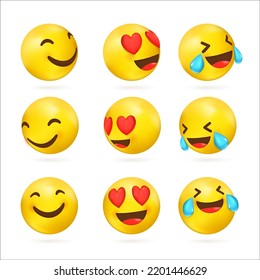 Collection of 3D face emoticons with smiling eyes and a wide smile, laughing to tears and with love in the eyes. Vector illustration