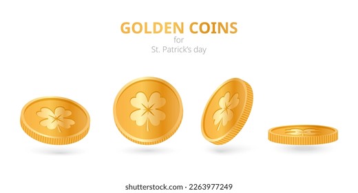 Collection of 3d four leaf clover golden coins. Elements for Saint Patrick's day. Isolated on white. Lucky shamrock coins Vector realistic 3D illustration. Leprechaun treasure. Lucky talisman. 