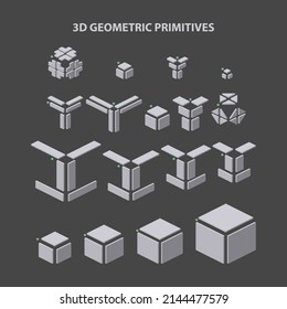 Collection of 3d geometric primitive shapes for combination in construction. Vector illustration.