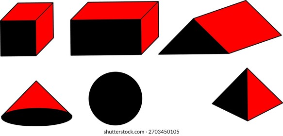 Colección de Formas geométricas 3D en rojo y negro, incluyendo cubos, prismas, conos y una esfera, ideal para matemáticas, educación, diseño y visuales abstractos.
