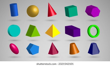 Kollektion geometrischer 3D-Formen: Dreieck, Ball, Würfel, Kegel, Zylinder, Pentagon, oval, Rechteck in verschiedenen Farben auf weißem Hintergrund.