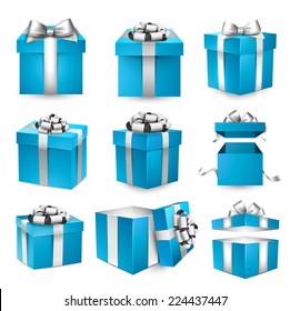 Collection of 3d gift blue boxes with satin silver bows. Realistic vector illustration. 