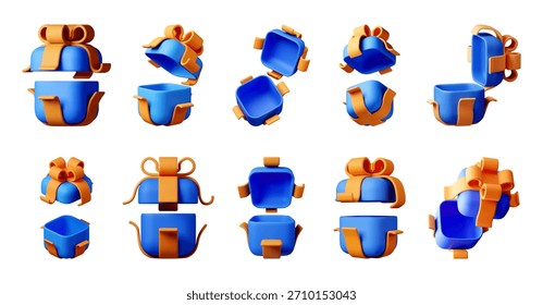 Coleção de modelos de caixa de presente 3D com cores azuis e laranja em várias poses. Conceito de presente, surpresa, celebração, feriado, venda. Ilustração vetorial