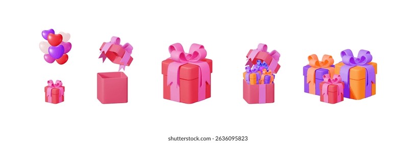 Collection of 3d gift box, present with ribbon bow, and heart balloon set. Celebration design element for holiday concept.