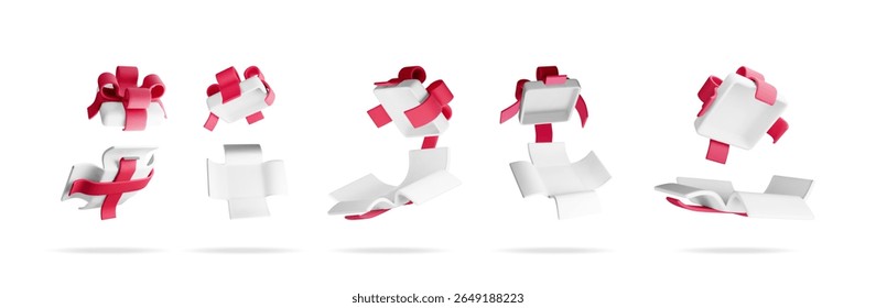 A collection of 3d gift boxes with red ribbon, some closed with bows and opened, concept for celebration and surprise present.