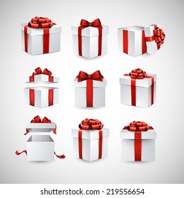 Collection of 3d gift boxes with satin red bows. Realistic vector illustration. 