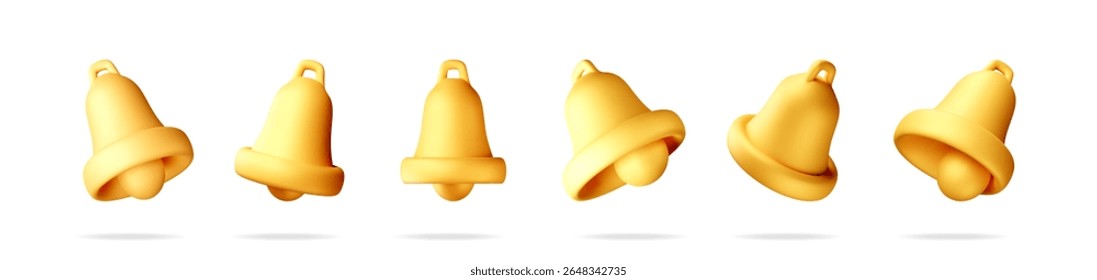 Collection of 3d gold bells with different angles. Realistic shiny bell design with subtle shadow. Celebration, notification, sound icon.