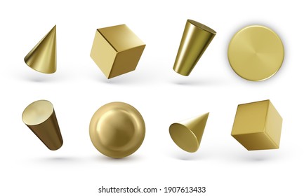 Collection of 3d golden geometric shapes with shadow isolated on white background. Realistic geometry elements. Render decorative sapphirine figure for design. Vector illustration