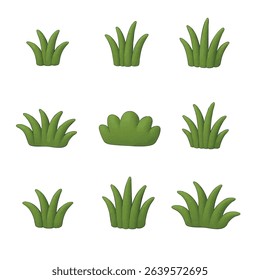A collection of 3D grass icons in various shapes and textures, ideal for environment, farming, or landscaping themes. Each element is front-facing and styled with a soft, cartoon look.
