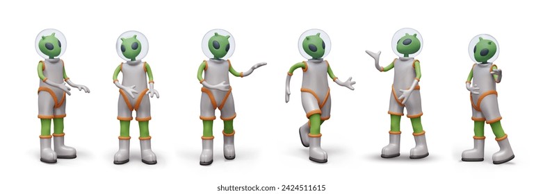 Collection of 3D green humanoids in various poses. Vector alien characters