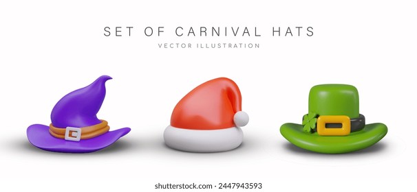 Colección de tocados 3D para carnaval. Tradicional sombrero de duende, bruja, Santa Claus